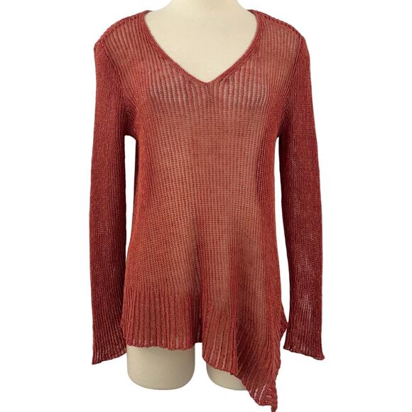Eileen Fisher Asymmetrical Linen Cotton Sheer Knit Sweater Pullover V-Neck M - Picture 1 of 10